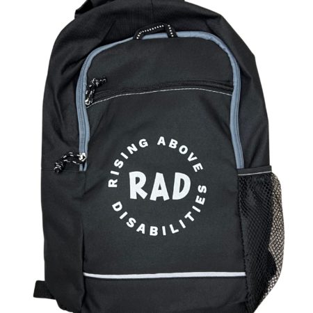 Black school backpack with RAD logo in white