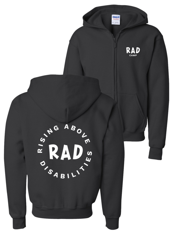 Black hoodie with RAD logo on front and back