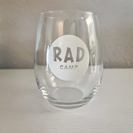 RAD Camp branded stemless wine glass
