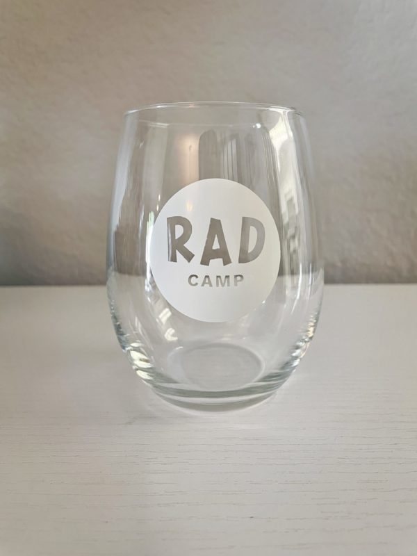 RAD Camp branded stemless wine glass