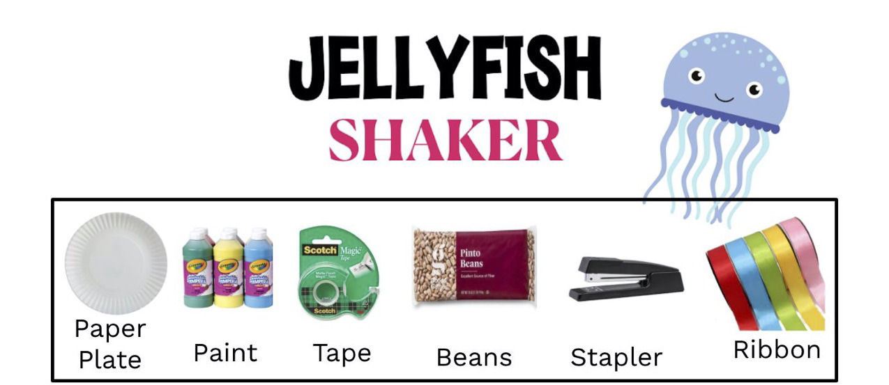 Jellyfish Shaker, needs paper plate, paint, tape, beans, stapler, and ribbon