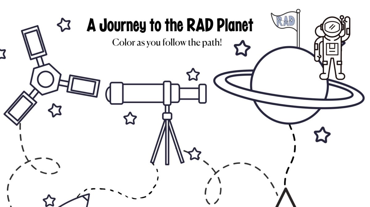 An image of a coloring page with a variety of space themed objects. A Journey to the RAD Planet is written above.