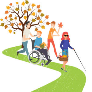 Cartoon image of 3 people walking and 1 person in a wheelchair. 1 person is blind and using a walking stick. They are walking on a path collecting leaves.