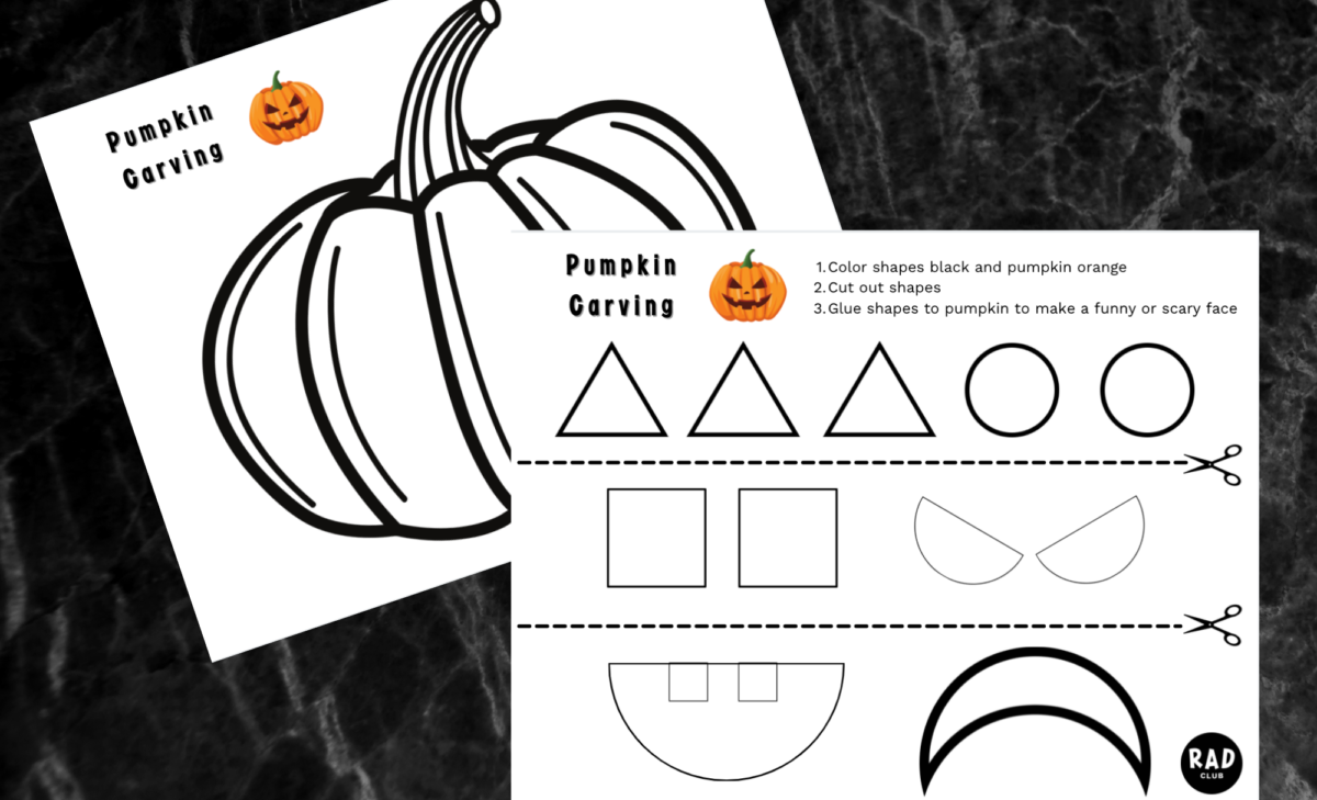 An image of 2 pieces of paper. One has a pumpkin on it and the other has different shapes.
