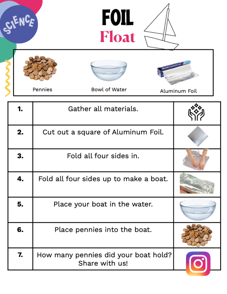 Supplies: pennies, bowl of water, aluminum foil. Step 1: Gather all materials 2: Cut out a square of Aluminum foil. 3. Fold all four sides in. 4. Bend all four sides up again to make a boat. 5. Place your boat in the water. 6. Place pennies into the boat. 7. How many pennies did your boat hold? Share with us!