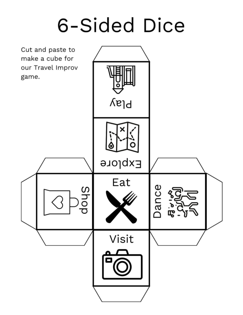 A printable dice, each side says Play, Explore, Eat, Dance, Visit, Shop