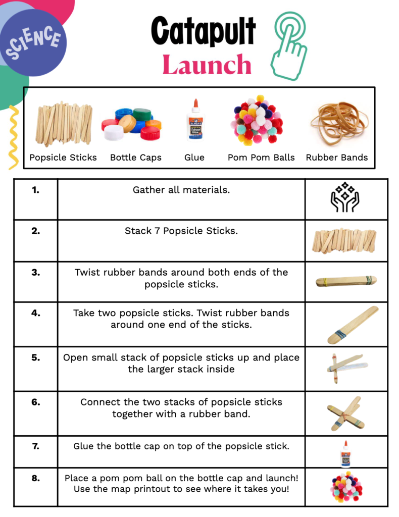 Supplies: popsicle sticks, bottle caps, glue, pom pom balls, rubber bands. Steps: 1. Gather all materials 2. Stack 7 popsicle sticks 3. twist rubber bands around both ends of the popsicle sticks. 4. Take two popsicle sticks. Twist rubber bands around one end of the sticks. 5. Open small stack of popsicle sticks up and place the larger stack inside 6. Connect the two stacks of popsicle sticks together with a rubber band. 7. Glue the bottle cap on top of the popsicle stick. 8. Place a pom pom ball on the bottle cap and launch! Use the map printout to see where it takes you!