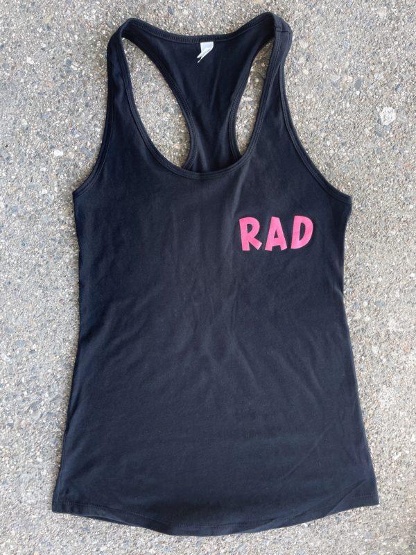Front of tanktop with RAD in pink in the upper left corner