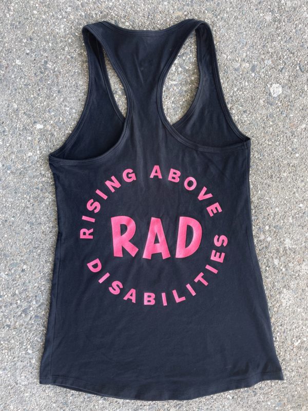 Back of tank top with large RAD logo in pink
