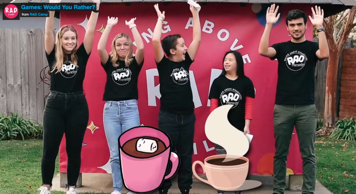 5 People standing in front of a RAD backdrop. Four of them have their hands up in the air and one of them has them down. There is an animation of a coffee cup and a hot chocolate cup.