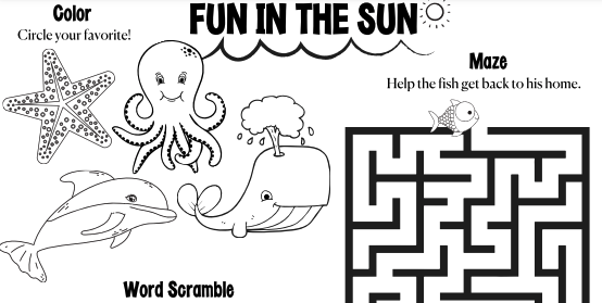 under the sea Blank Activity Sheet with maze and word scramble