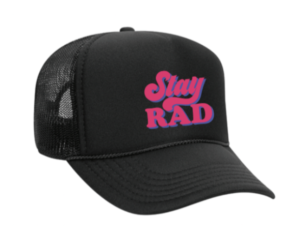 black hat with pink and purple outlines lettering