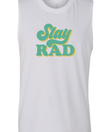 white muscle tank with teal stay rad lettering