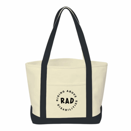 canvas tote bag with black straps and rad logo