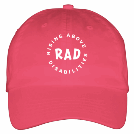 pink dad hat with white rad logo