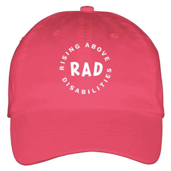 pink dad hat with white rad logo