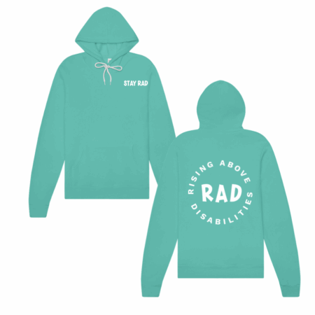 teal hoodie with RAD logo on front and back