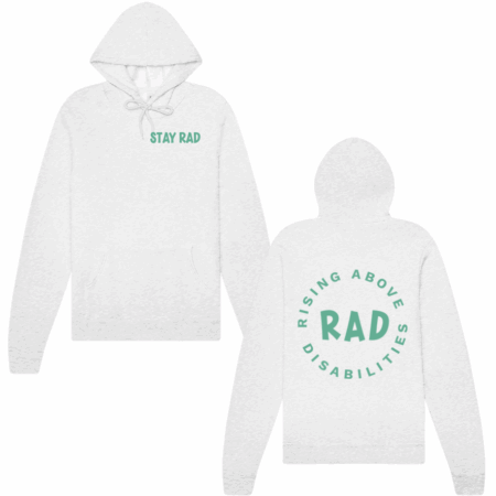 grey hoodie with teal rad logo on front and back